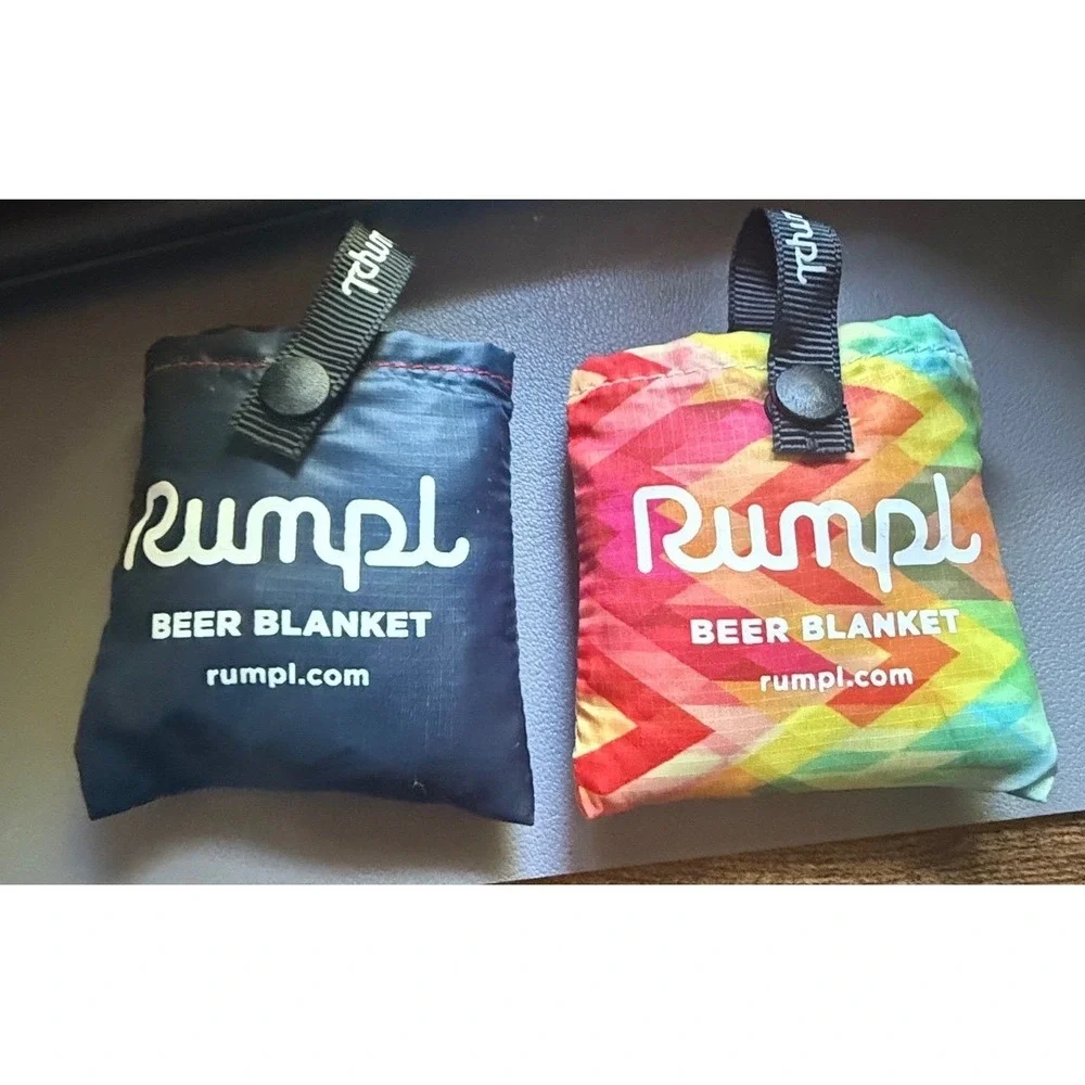 Rumpl Beer Blanket Set of 2 Insulated Can Koozies Navy & Rainbow Geometric Puffy